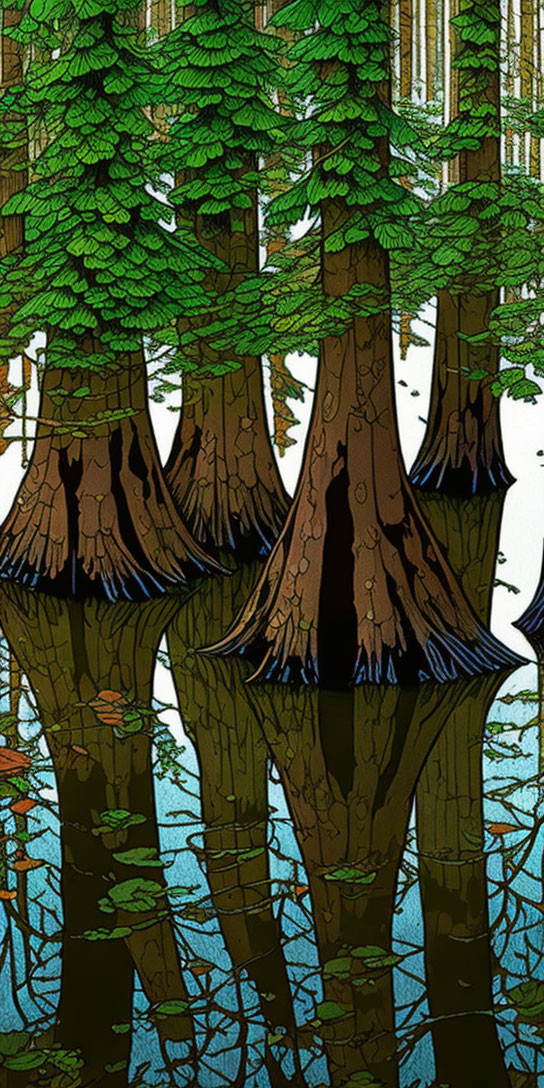 Illustration of Dense Forest with Tall Trees and Underbrush