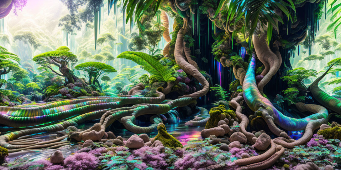 Fantastical jungle with iridescent trees and ethereal mist