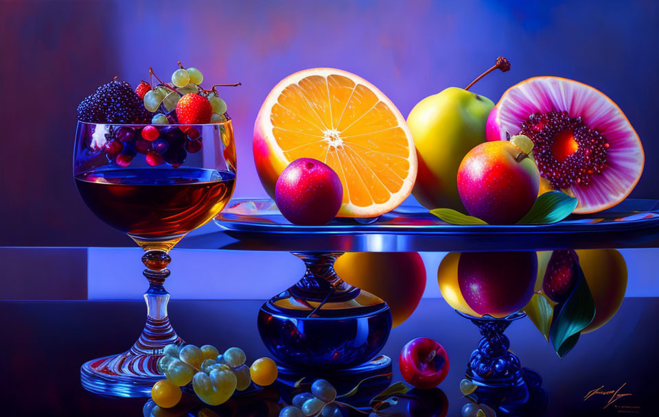 Colorful Fruit Still Life Composition with Grapes, Apples, and Halved Orange on Reflective