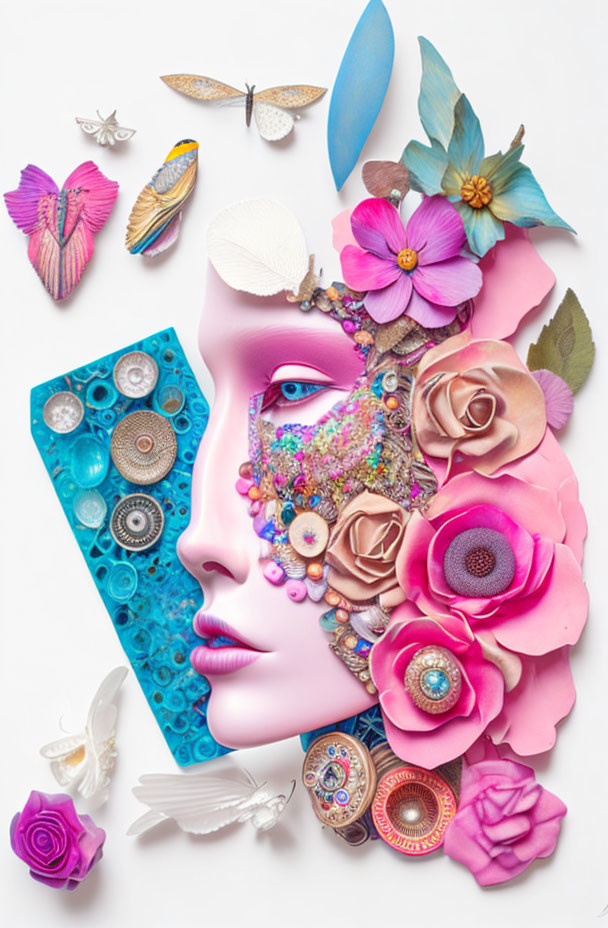 Collage of woman's face with flowers, butterflies, feathers, and mechanical pieces