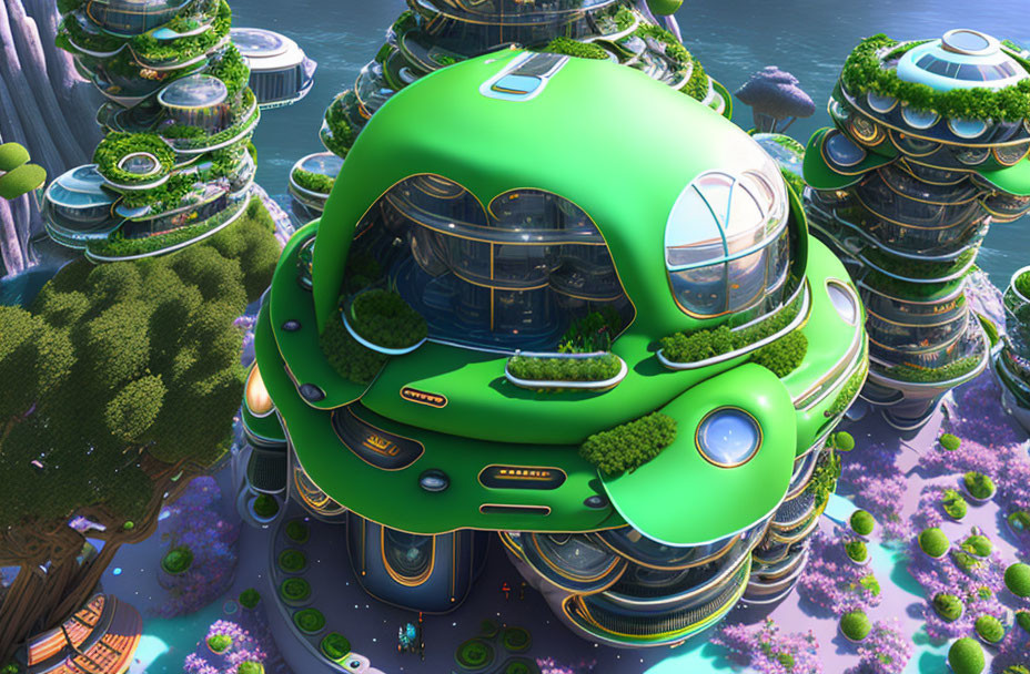 Green architecture with dome-like structures in futuristic cityscape.