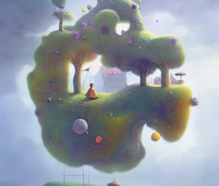 Floating island with whimsical trees, colorful orbs, and distant castle on misty backdrop