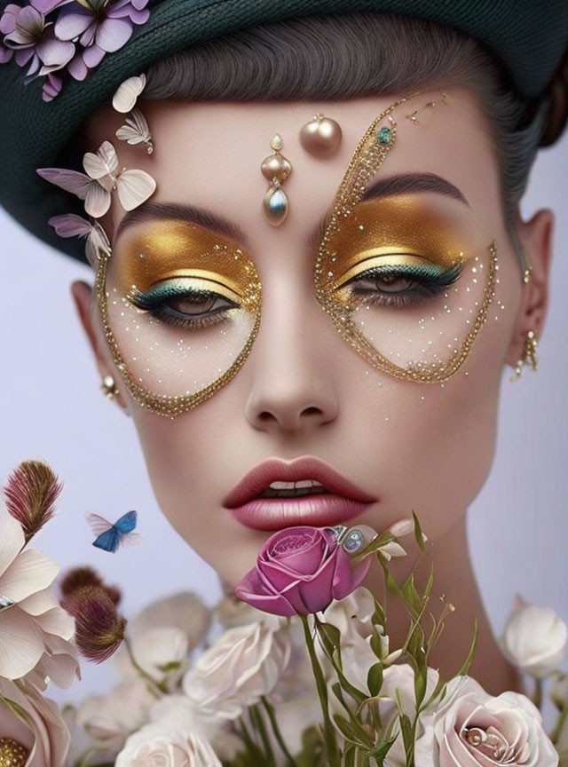 Portrait of person with glamorous makeup, gold eyeshadow, jewels, green hat, flowers, and