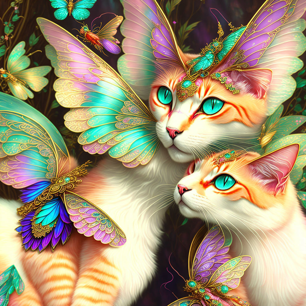 Colorful Butterfly Winged Cats with Ornate Headpieces in Floral Setting