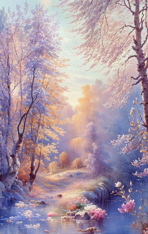 Tranquil stream in dreamy landscape with pink and white blossoms