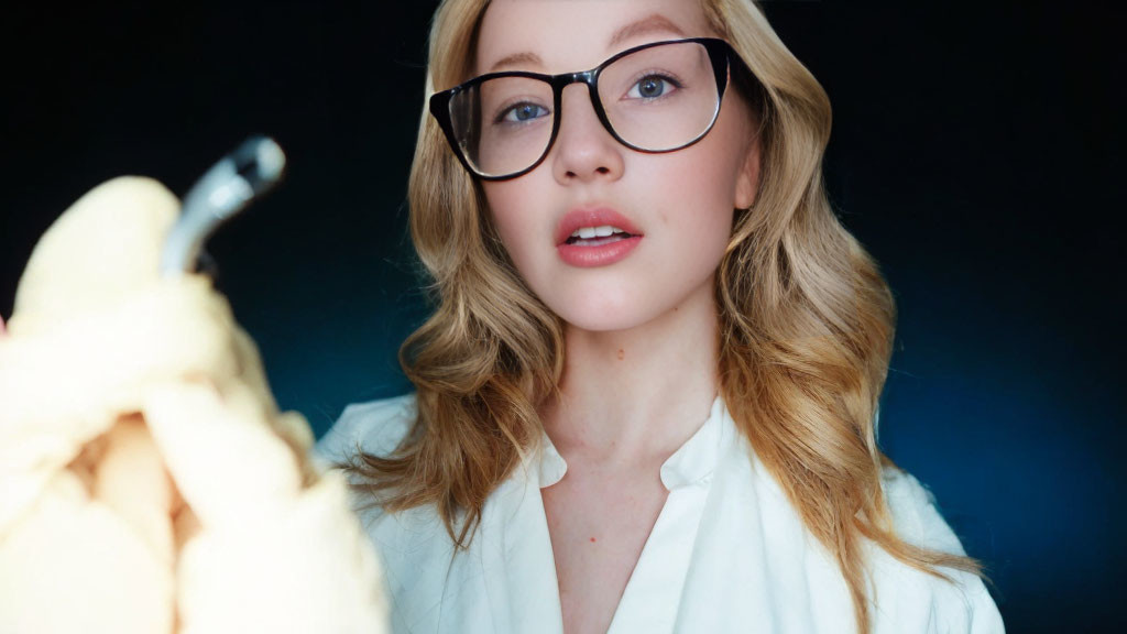 Blonde woman with glasses and wavy hair in white shirt on dark background