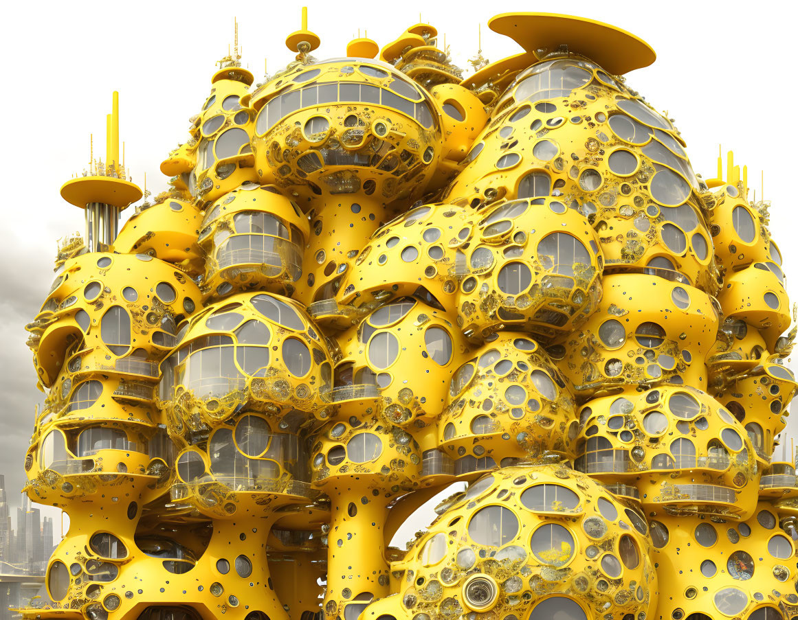 Golden futuristic structure with spherical modules on cloudy sky.