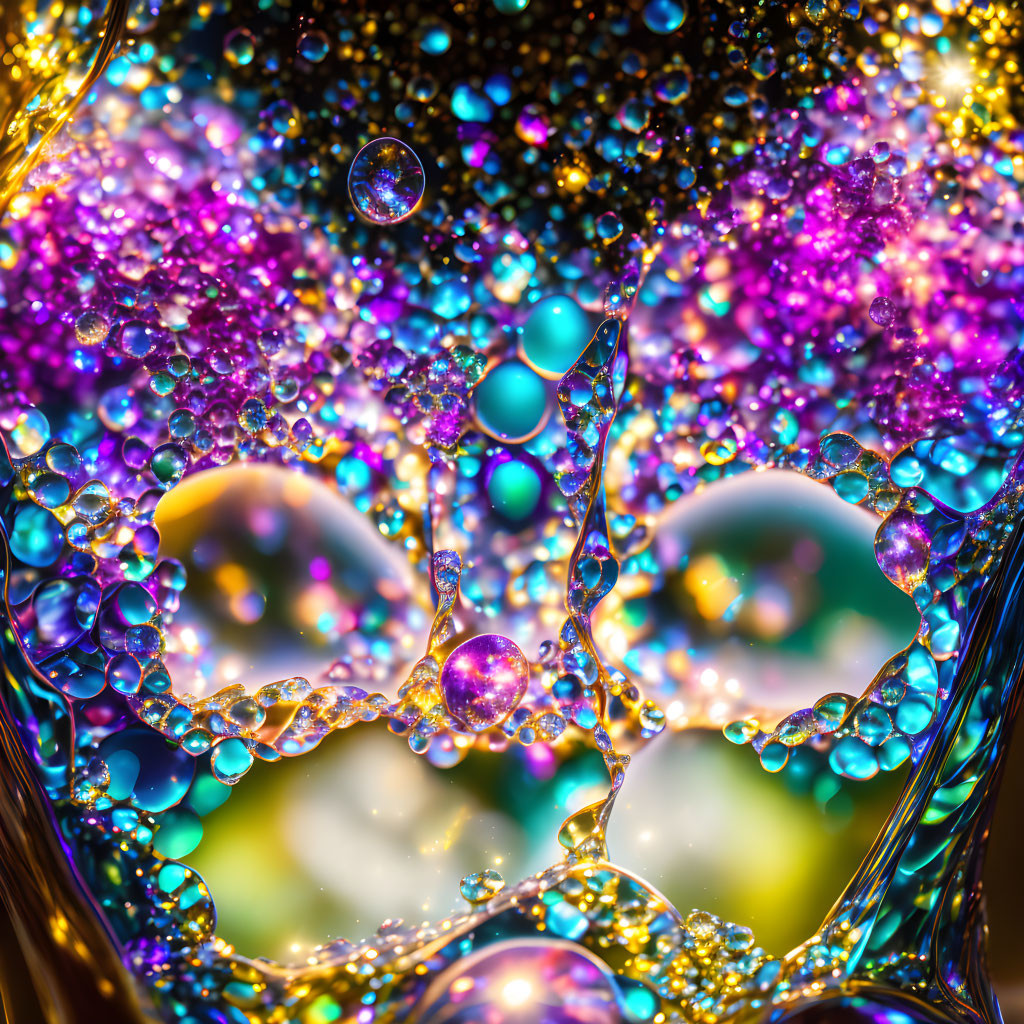 Colorful glistening bubbles in purple, blue, and yellow hues with light reflections