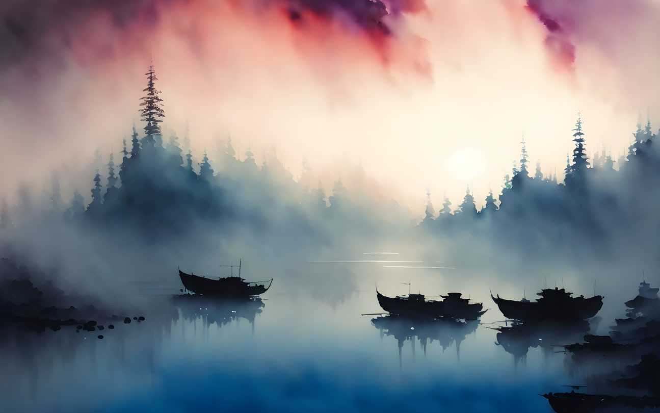 Misty Waters with Boats, Silhouetted Trees, and Soft Sunset