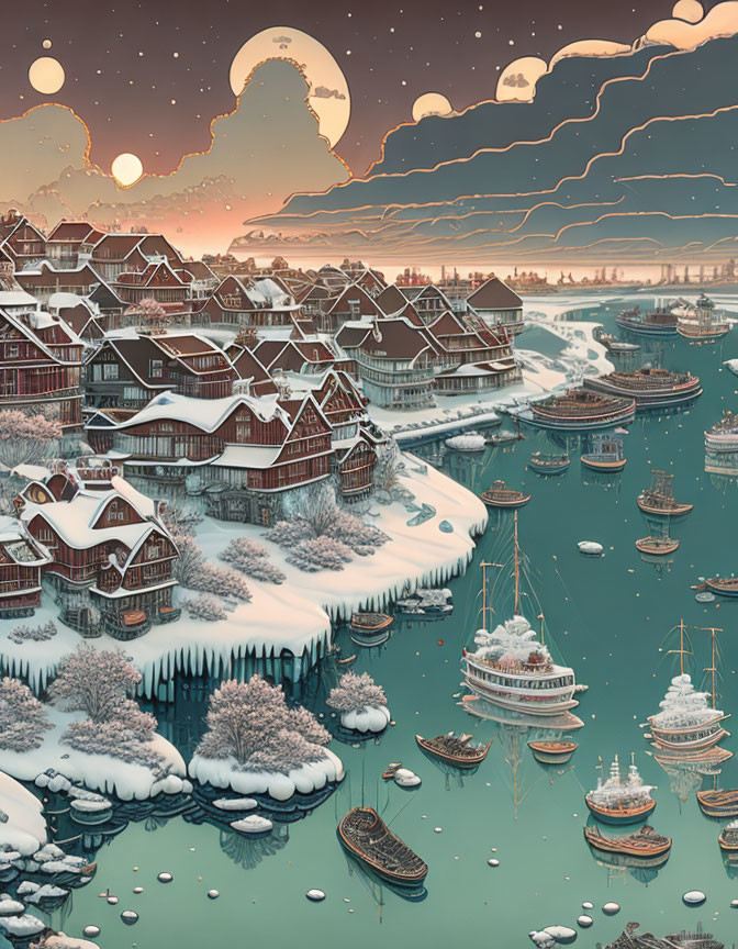 Snowy village by water: boats, houses, mountain, twilight sky