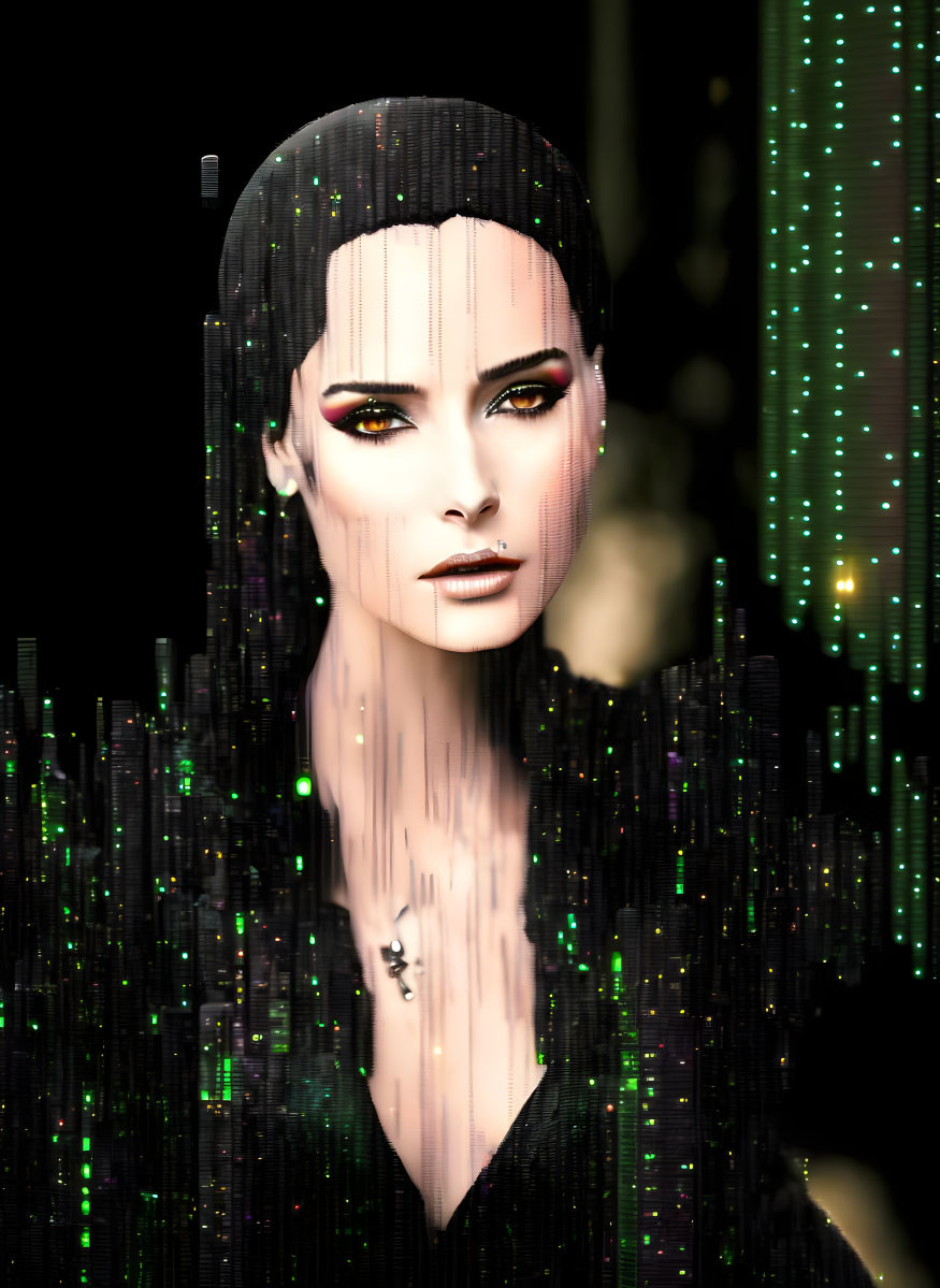 Woman with striking makeup in glitch effect and green binary rain.