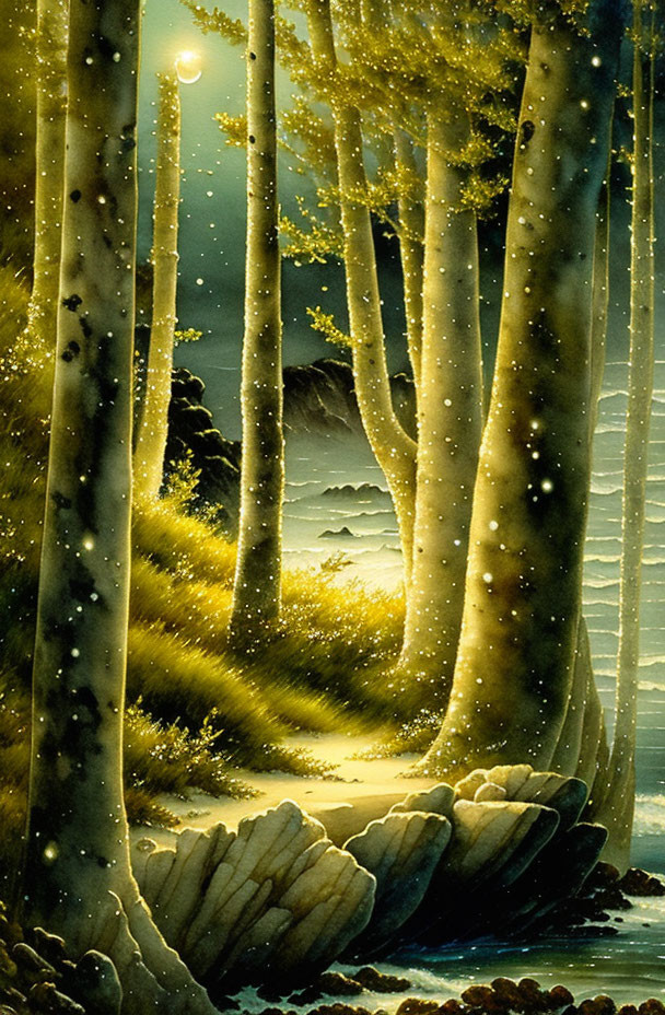 Enchanted Forest Night Scene with Tall Trees and Glowing Moon