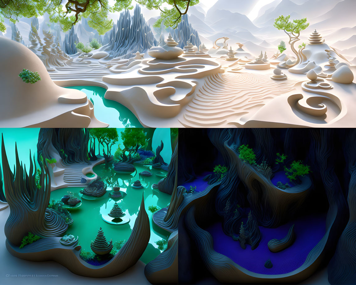 Stylized whimsical landscape quadriptych with flowing terrains and vibrant waterways