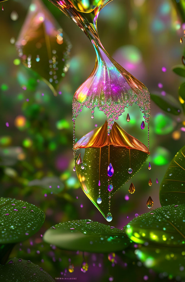 Fantastical scene with dew drops and floating crystal shapes among green leaves