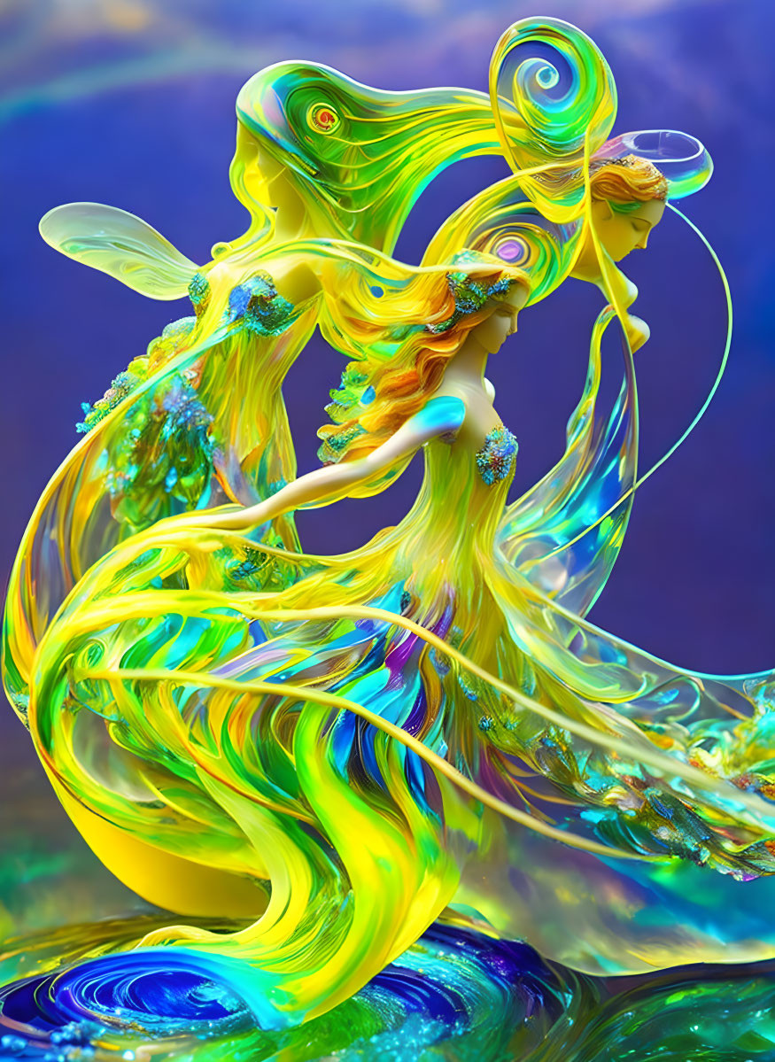 Colorful Abstract Digital Art: Swirling Patterns in Yellow, Green, and Blue