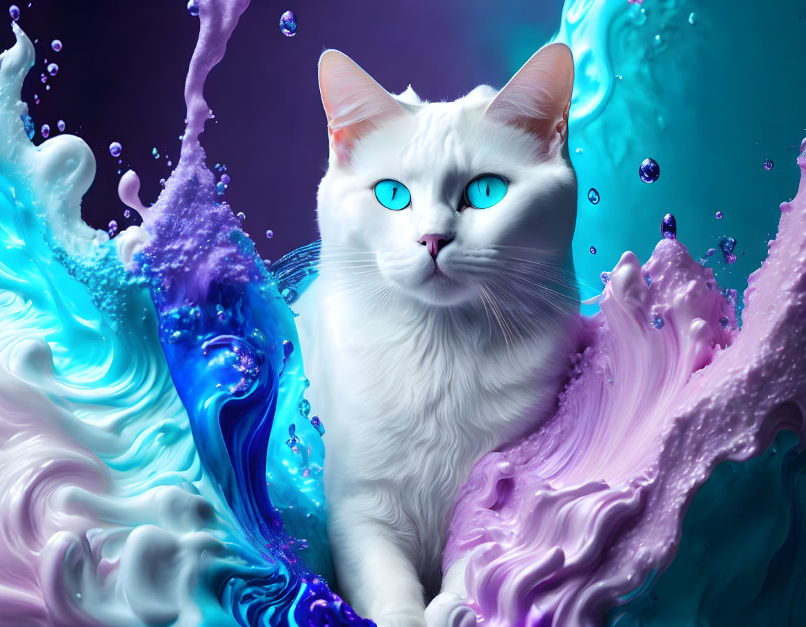 White Cat with Blue Eyes Surrounded by Swirling Blue and Purple Liquids