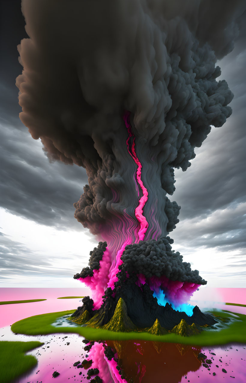 Dramatic volcanic eruption with pink and blue lava flow in scenic landscape