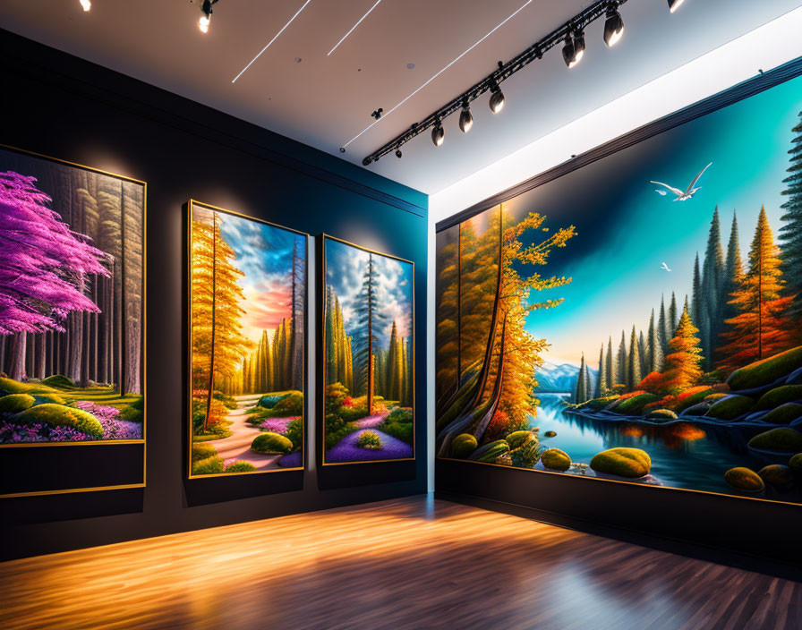 Vibrant landscape paintings of colorful trees, river, and birds in flight at art gallery.