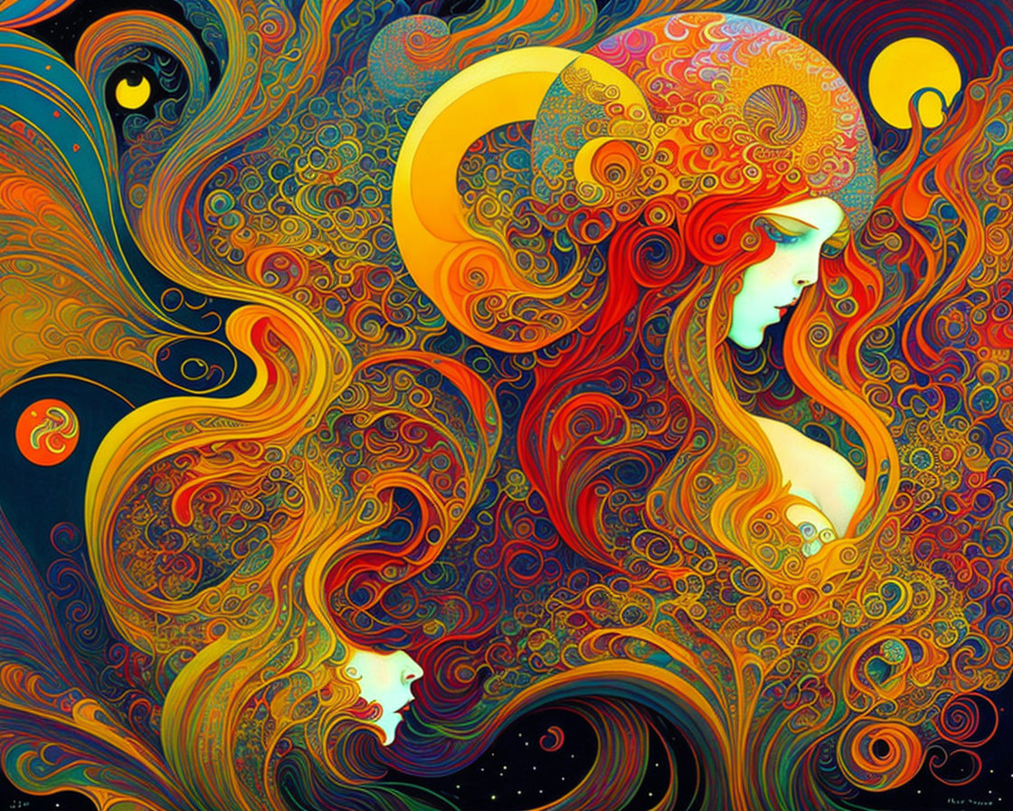 Colorful Psychedelic Art: Female Profiles with Celestial Motifs