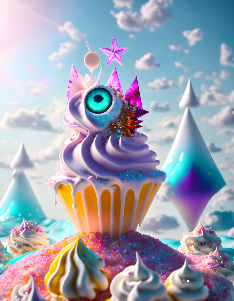 Surreal cupcake with purple swirl, eye, cones, and sparkles on cloudy sky.