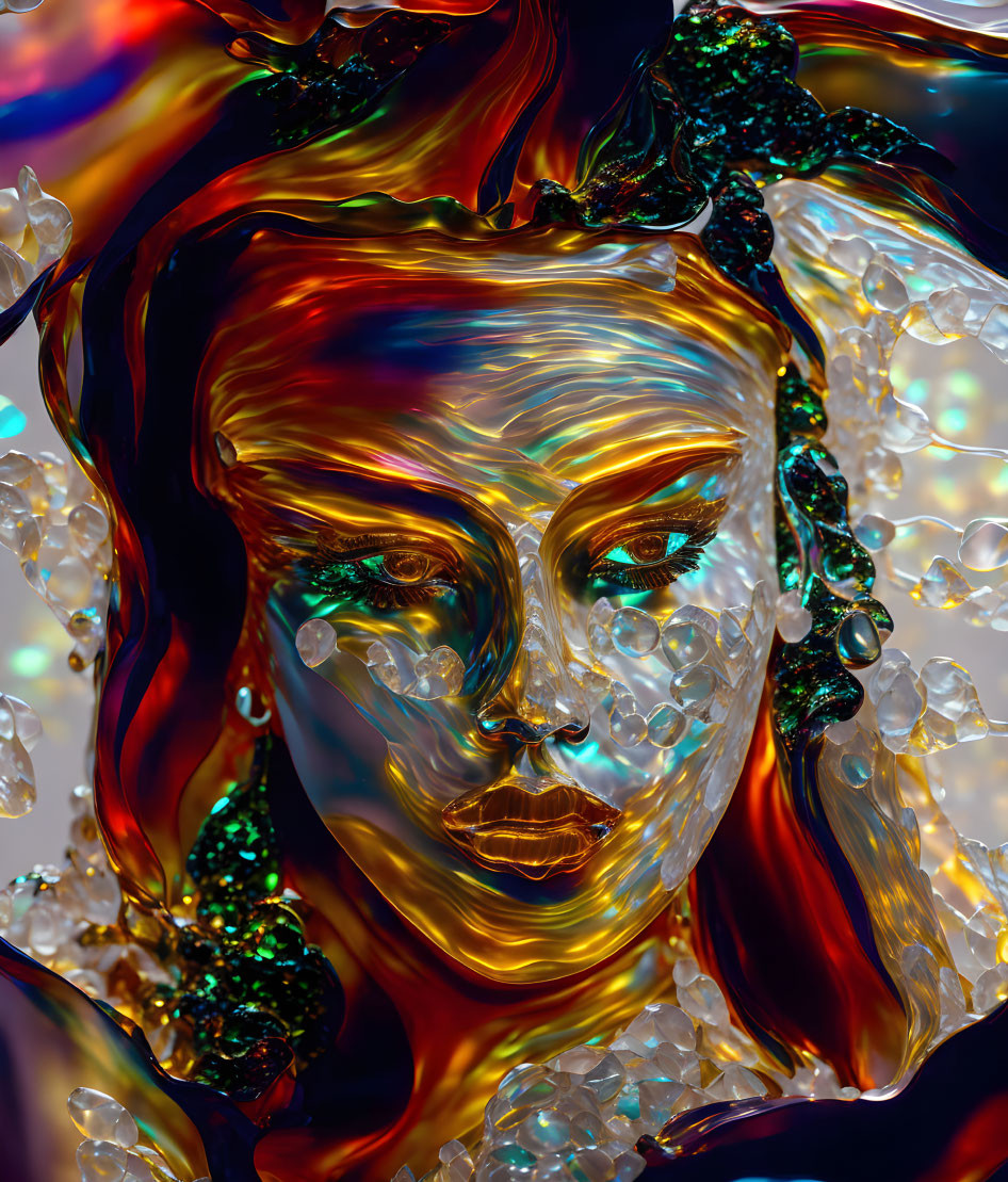 Colorful digital artwork: Stylized female face with glossy, multi-colored texture