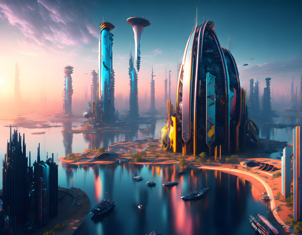 Futuristic cityscape with skyscrapers, waterways, and advanced vehicles