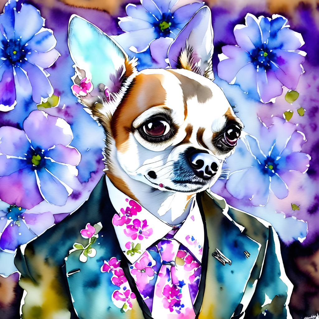 Stylized Chihuahua in Tuxedo Among Blue Flowers on Watercolor Background