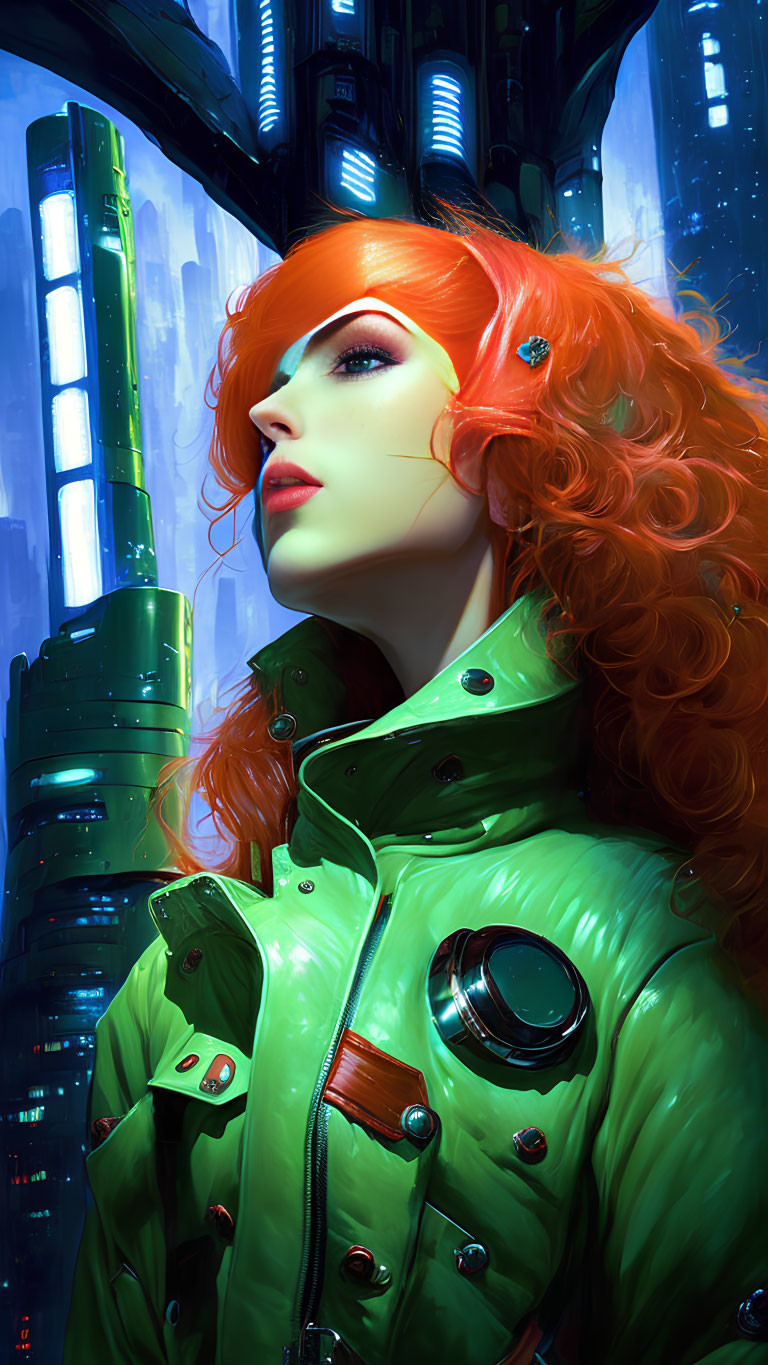 Vibrant red-haired woman in futuristic green jacket surrounded by neon-blue structures