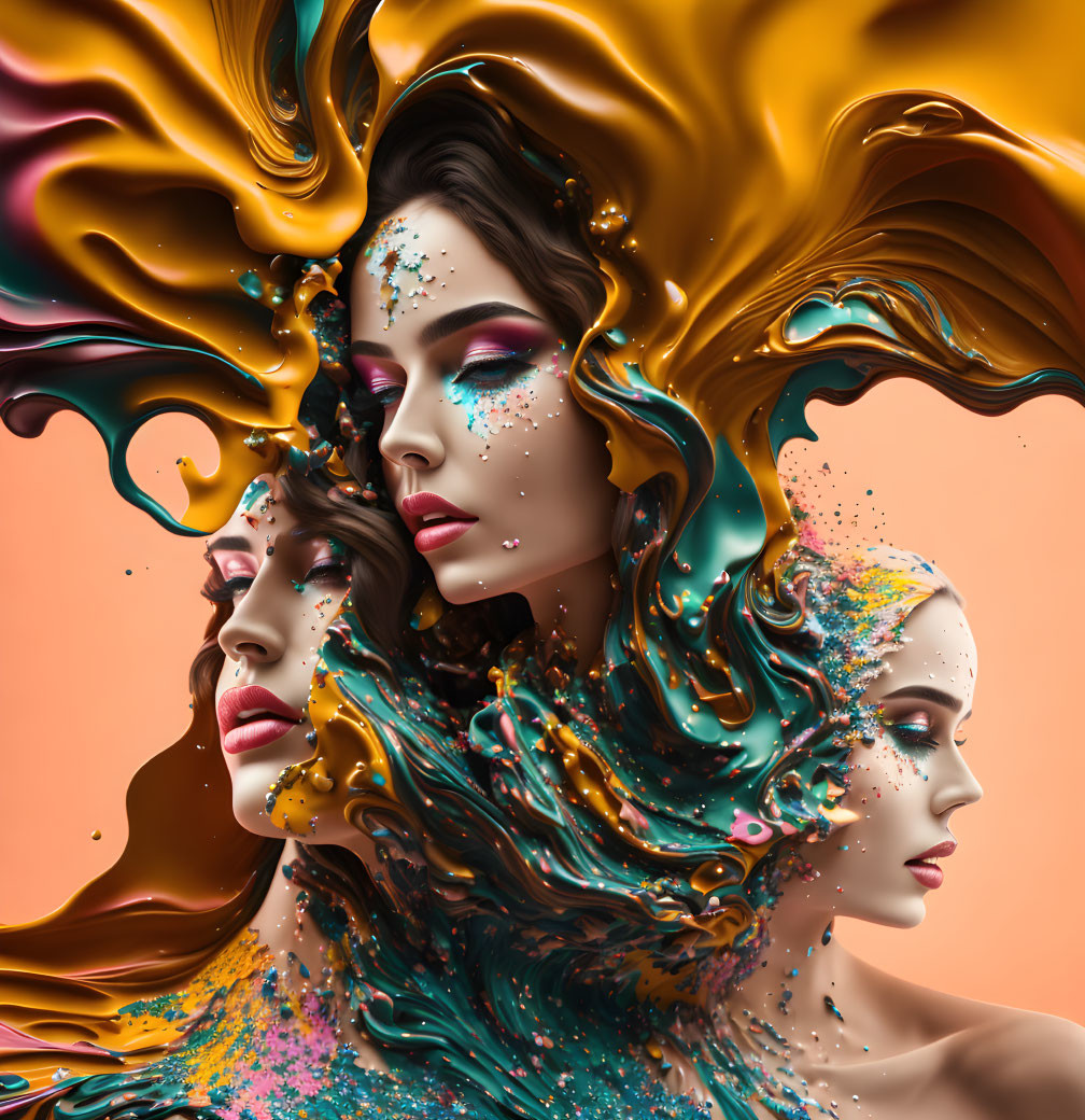 Abstract liquid art merges three women's faces in vibrant colors