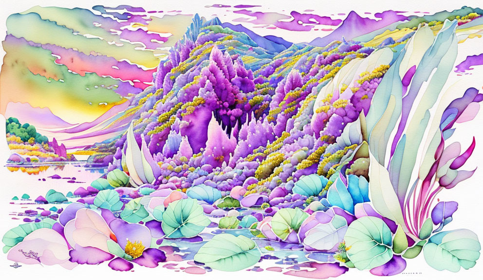 Colorful Watercolor Landscape: Purple Mountains, Multicolored Sky, Blooming Flowers