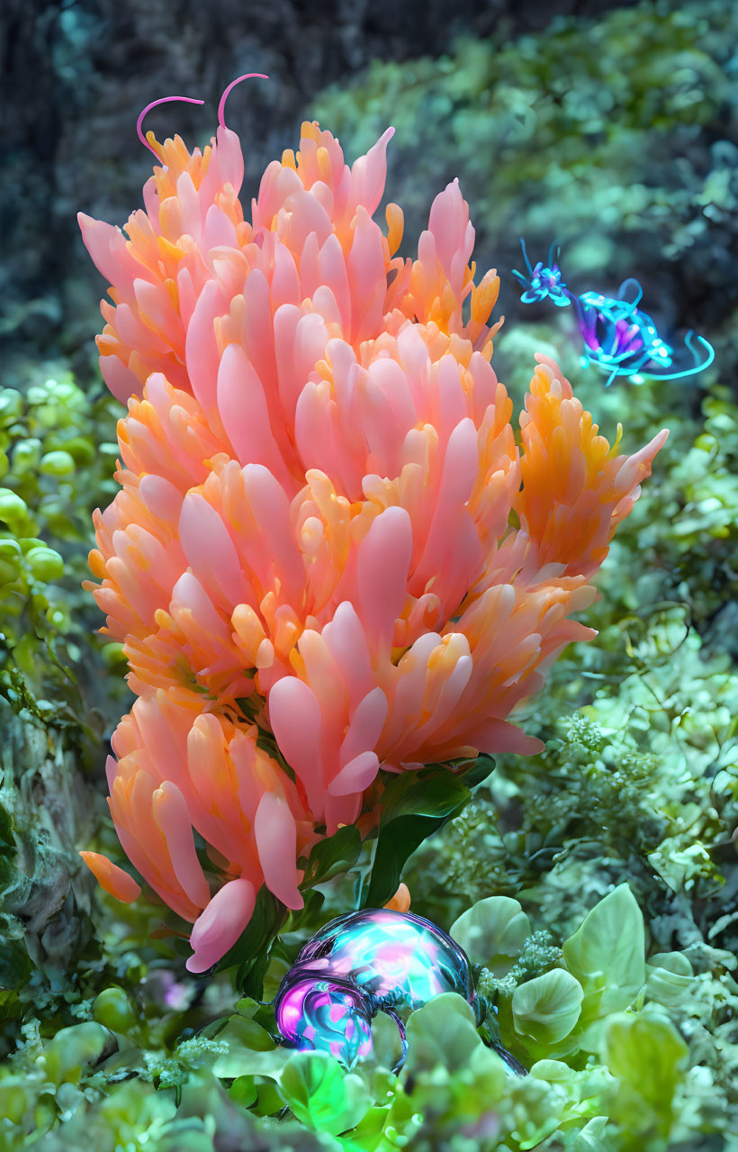 Peach-Colored Fantasy Flower with Glowing Edges and Blue Butterfly