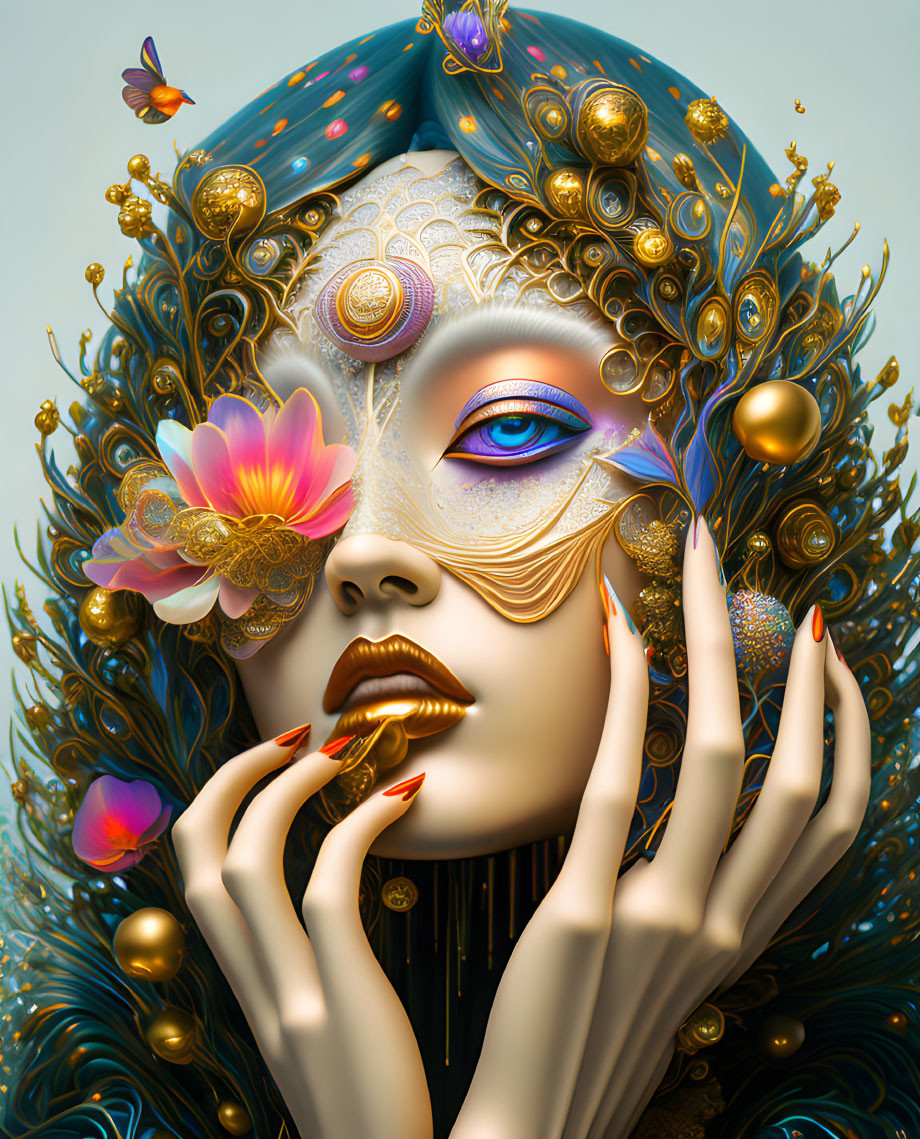 Detailed digital artwork: Woman with golden embellishments, colorful eye, and butterflies