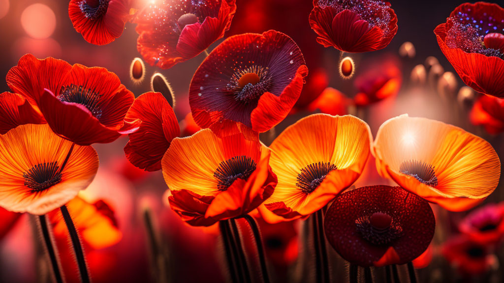 Vibrant red poppies on warm red background