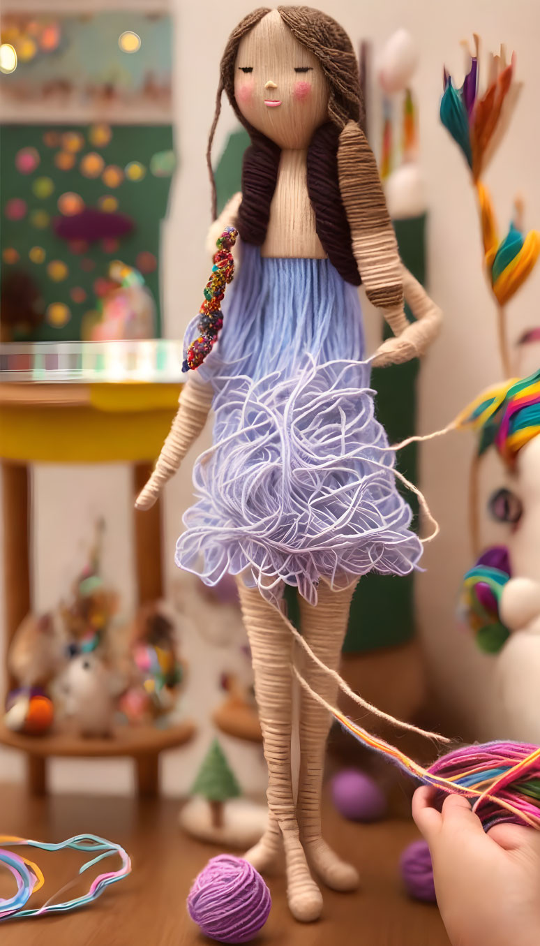 Handmade fabric doll with yarn hair, blue skirt, and striped stockings in colorful room