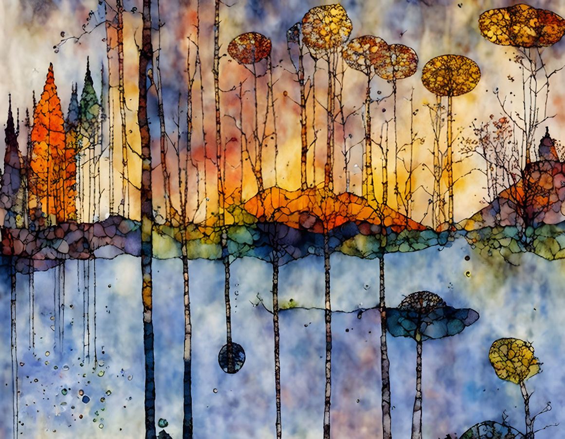 Colorful abstract watercolor painting of vibrant landscape with whimsical shapes and floral orbs.