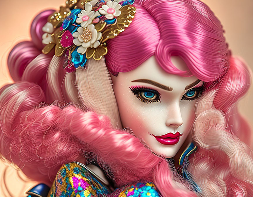 Vibrant Pink Hair Doll with Blue Eyes and Floral Hair Accessory