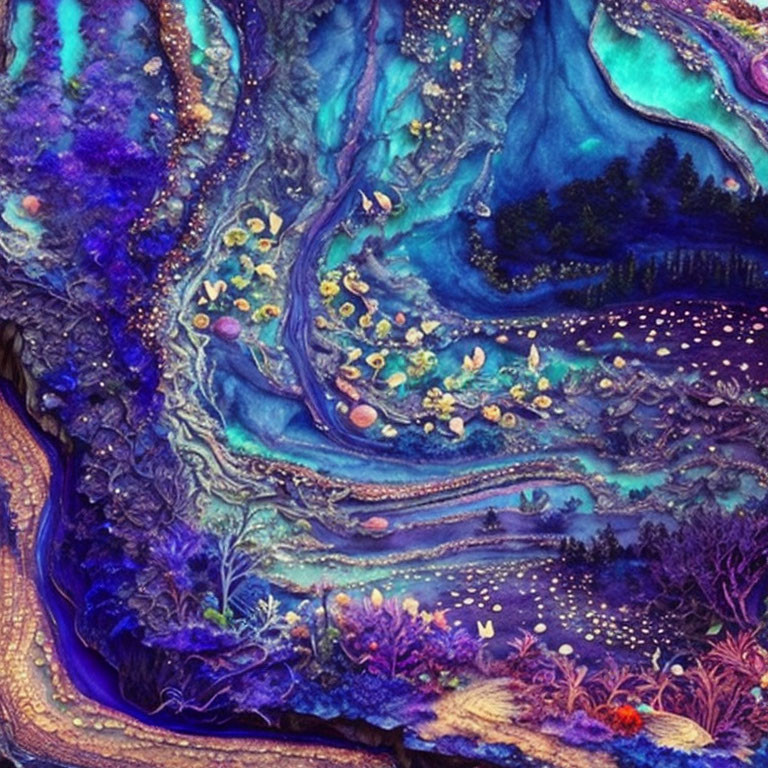 Abstract painting with rich blues and purples, depicting fantasy flora and fauna