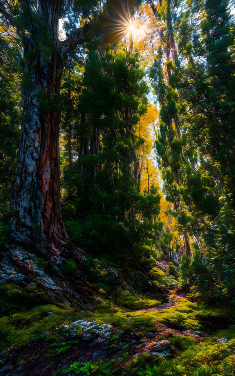 Forest scene: Sunlight filtering through dense trees on mossy floor