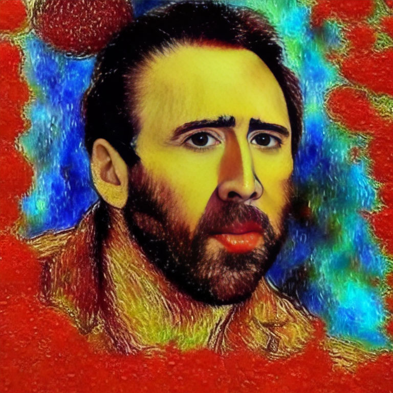 Man with beard in vibrant red, blue, and yellow colors