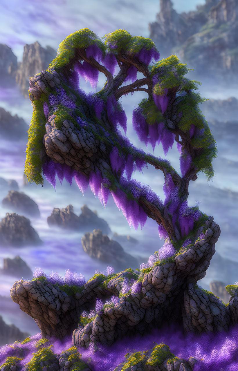 Fantastical tree with heart-shaped purple canopy in misty mountain scene