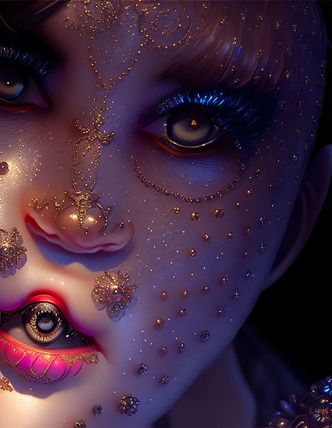 Illustrated character with golden skin embellishments and yellow eyes