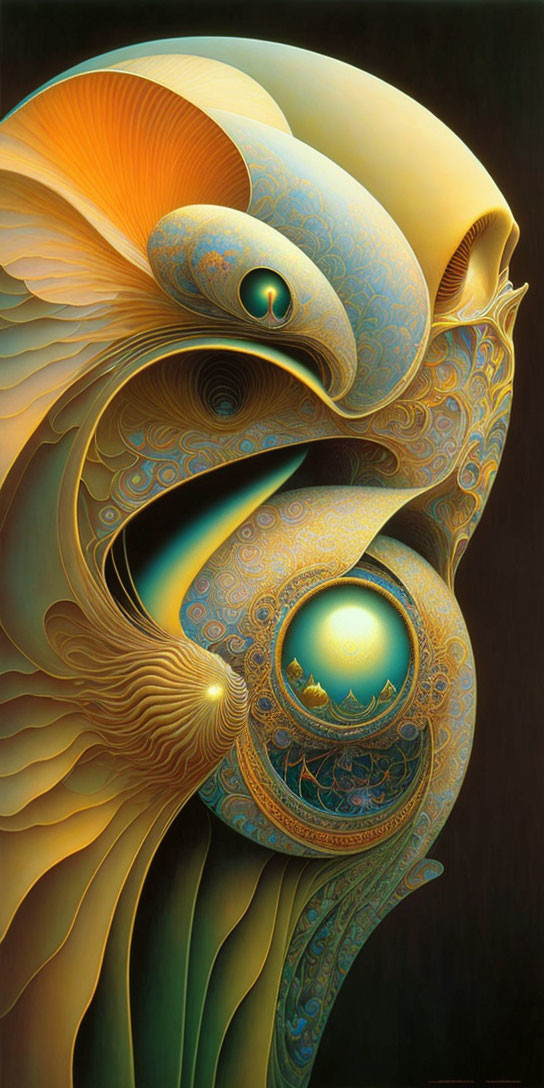 Colorful surreal fish-like creatures with swirling patterns in orange, gold, and teal.