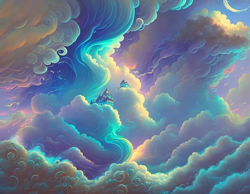 Vibrant dreamlike landscape with swirling clouds and floating castle