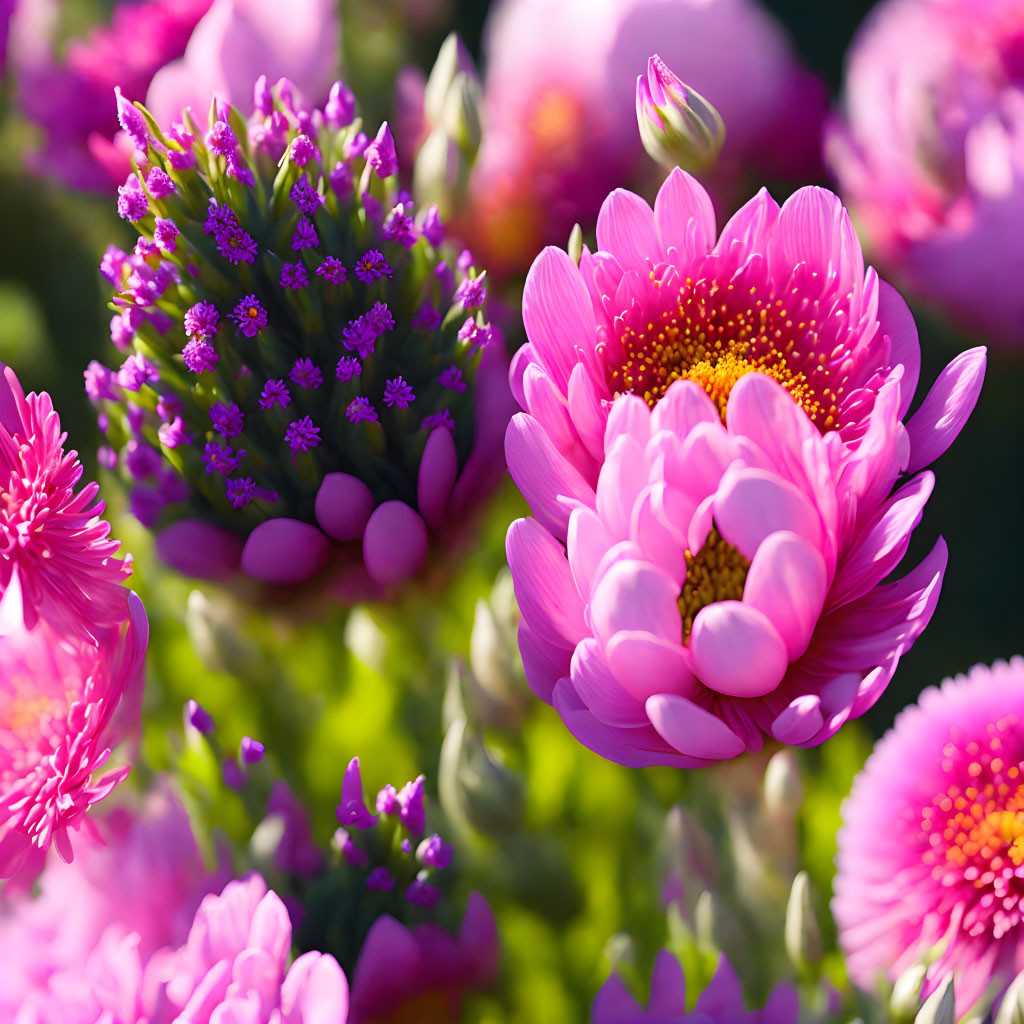 Vivid Pink Aster Flowers Blooming with Yellow Centers