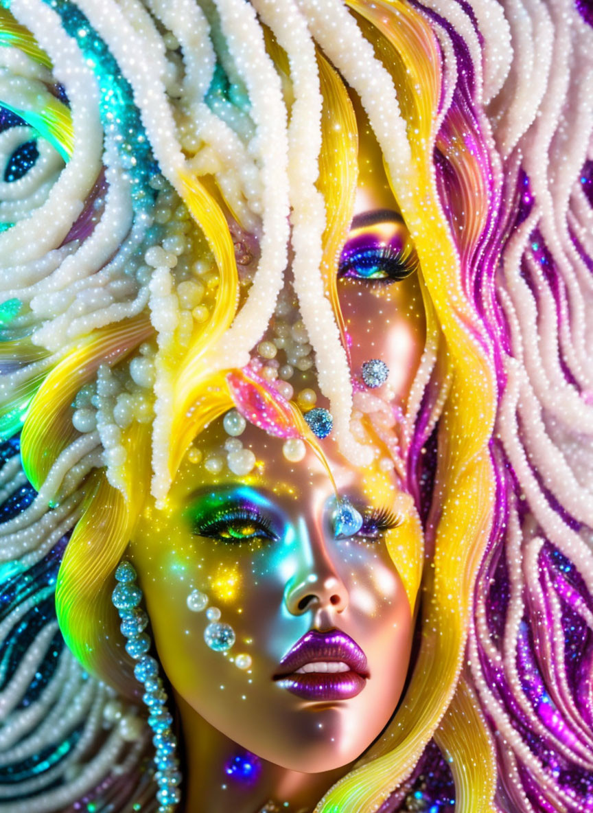 Colorful face artwork with bead-like swirls and jewel-toned makeup