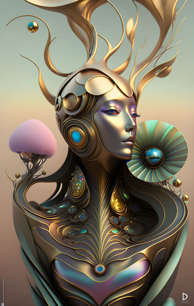 Surreal female figure with metallic complexion and antler-like structures