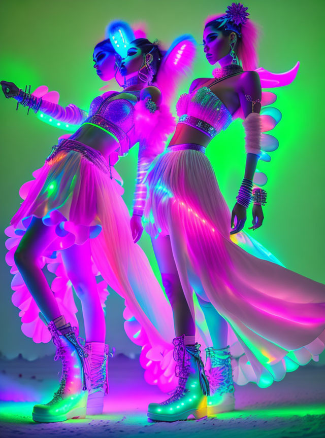 Vibrant futuristic outfits with glowing elements on two models under neon lights