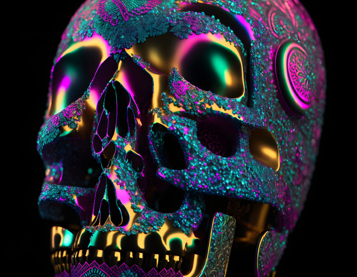 Intricately decorated skull with turquoise and pink patterns