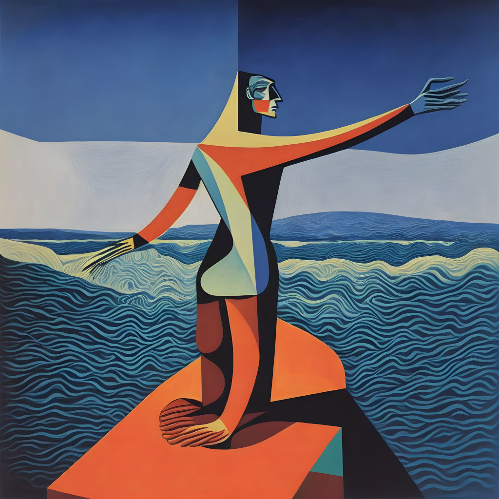 Abstract colorful image: Stylized figure with extended arms on rock, set against geometric blue sea and