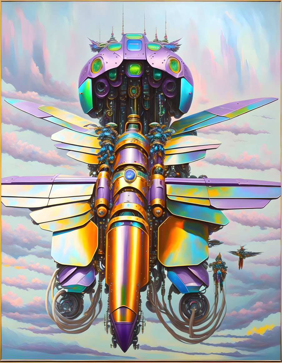 Futuristic spaceship with iridescent wings and purple accents in pastel sky